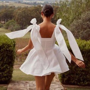 DIISH Aisle White Linen Bow Mini Dress - LIKE NEW US 4